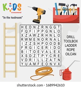 Easy word search crossword puzzle 'At the toolroom', for children in elementary and middle school. Fun way to practice language comprehension and expand vocabulary. Includes answers.