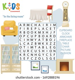 Easy word search crossword puzzle 'In the living room', for children in elementary and middle school. Fun way to practice language comprehension and expand vocabulary. Includes answers.