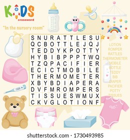 Easy word search crossword puzzle "In the nursery room", for children in elementary and middle school. Fun way to practice language comprehension and expand vocabulary. Includes answers.