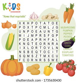 Easy word search crossword puzzle "Name that vegetable", for children in elementary and middle school. Fun way to practice language comprehension and expand vocabulary. Includes answers.
