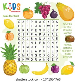 Easy word search crossword puzzle "Name that fruit", for children in elementary and middle school. Fun way to practice language comprehension and expand vocabulary. Includes answers.