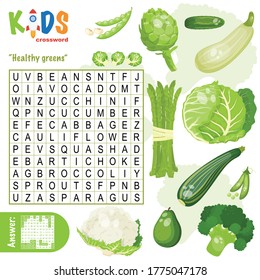 Easy word search crossword puzzle "Healthy greens", for children in elementary and middle school. Fun way to practice language comprehension and expand vocabulary. Includes answers.