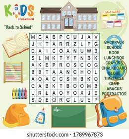 Easy word search crossword puzzle "Back to school", for children in elementary and middle school. Fun way to practice language comprehension and expand vocabulary. Includes answers.