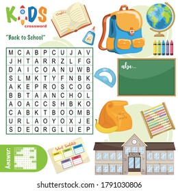 Easy word search crossword puzzle "Back to school", for children in elementary and middle school. Fun way to practice language comprehension and expand vocabulary. Includes answers.