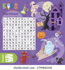 Easy word search crossword puzzle "Happy Halloween", for children in elementary and middle school. Fun way to practice language comprehension and expand vocabulary. Includes answers.