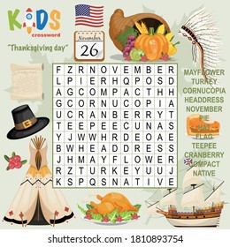 Easy word search crossword puzzle "Thanksgiving day", for children in elementary, primary and middle school. Fun way to practice language comprehension and expand vocabulary. Includes answers.