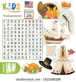 Easy word search puzzle "Thanksgiving day" concept, for school children. Fun way to practice language comprehension and expand vocabulary. Includes answers.