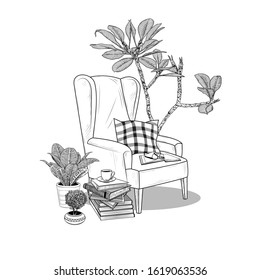 
Easychair, checkered pillow, cup of coffee, glasses, books and various indoor plants in pots. Vector interior sketch. Realistic monochrome illustration.
