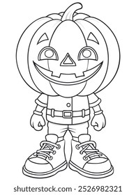 Easy-to-color line drawing of a Halloween pumpkin head character in a simple outfit