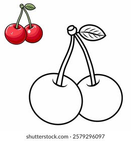 An easy-to-color pair of cherries with round red bodies and a simple green stem. The version below is a black and white outline suitable for preschoolers’ coloring activities."