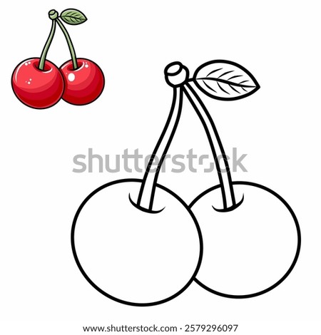 An easy-to-color pair of cherries with round red bodies and a simple green stem. The version below is a black and white outline suitable for preschoolers’ coloring activities."