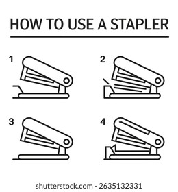 Easytofollow diagram showing steps for using a stapler. A simple guide on beige background. Line art illustrates each stage, clear and concise.