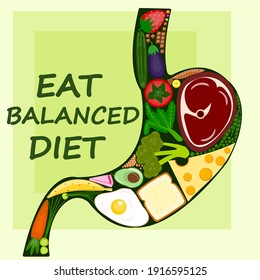 Eat Balanced diet poster | Balanced diet Healthy stomach | Health | Food items in stomach vector | Stomach Vector