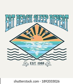 Eat beach sleep repeat.The surfer slogan.The sun over the sea.vector logo design