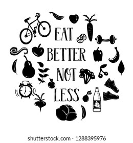 eat better not less vector doodle with healthy food and sport items,