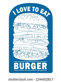 Coma Burger en el menú de comida rápida. Hamburguesa con chuleta, tomates y cebolla. Diseño de ilustración vectorial de icono de logotipo.