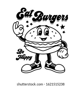 EAT BURGERS BE HAPPY POSTER BLACK WHITE BACKGROUND