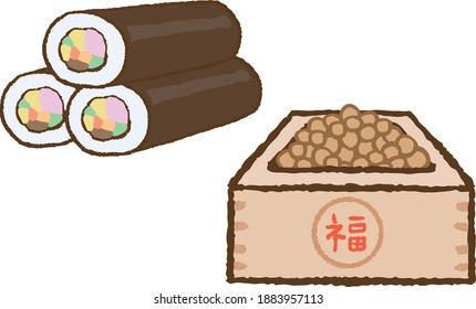 I eat by a Japanese festival "the day before the beginning of spring". Sushi and snack. A lucky one.It's written on a container of beans by "Huku" and a Japanese word.