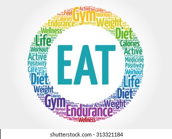 EAT circle stamp word cloud, fitness, sport, health concept