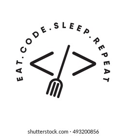 Eat code sleep repeat concept. coding and food icon. logo design. fork in brackets. punk art. vector illustration. eps10