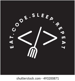 Eat code sleep repeat concept. coding and food icon. logo design. fork in brackets. punk art. vector illustration. eps10