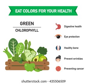 Eat Colors For Your Health-GREEN FOOD,Eat A Rainbow Of Fruits And Vegetables,Health Benefit Eat A Rainbow,vector Illustration.