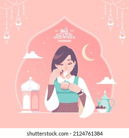 comer dátiles fruta y beber té ilustración caligrafía árabe significa ramadán