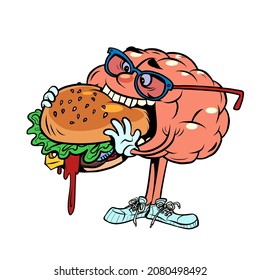 Eat Delicious Fast Food Burger Human Brain Character, Smart Wise