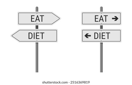 Eat or diet road intersection sign representing the choice between eating and dieting. Vector illustration isolated on white background