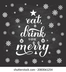 Eat Drink and be Merry calligraphy hand lettering  on chalkboard background with snowflakes. Funny Christmas quote typography poster. Vector template for greeting card, banner, flyer etc.