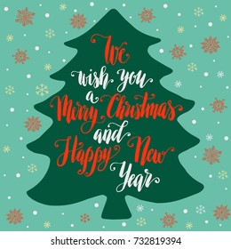 Eat drink and be merry, hand written lettering on silhouette of  christmas tree and new year doodle element. Vector poster for design.