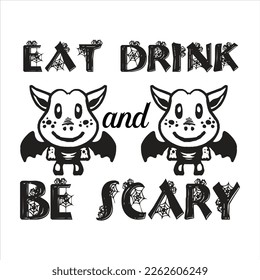 Eat, Drink And Be Scary, hand lettering for Halloween. Vector illustration of flying witch on white background. Design concept for party invitation, greeting card, poster.