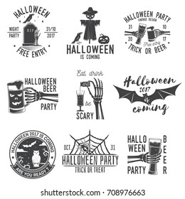 Eat, drink and be Scary. Set of Halloween retro badge. Overlay or Labels for shirt or logo, print, seal, stamp. Skeleton hand with potion and glass of magic drink. Typography design- stock vector.