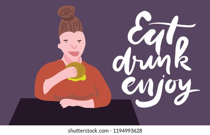 Eat, drink, enjoy. Women eating burger. Women illustration in cafe