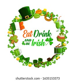 Eat and drink as Irish on St. Patricks day spring holiday. Vector frame of Ireland symbols, national flag, leprechauns hat, bow and boots isolated on white. Beer and pipe, green cookies and cocktail