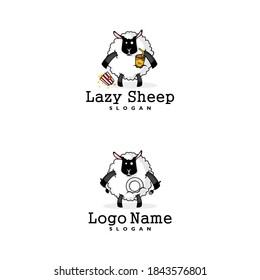 Eat and drink sheep logo vector, with a cup in curly fur and popcorn. Goat mascot for food drink business & brand icon. Character for program or channel, bar & club, shop & store figure