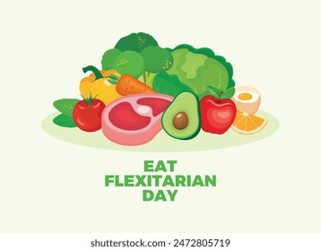 Essen Flexitarian Day Poster Vektorillustration. Haufen von gesunden frischen Früchten, Gemüse und Fleisch Zeichnung. Steak und frische Rohgemüse Vektorgrafik. Vorlage für Hintergrund, Banner, Karte