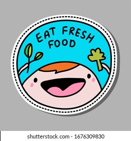 Eat fresh food hand drawn vector illustration pin sticker patch man happy holding broccoli and spinach coronavirus prevention diet