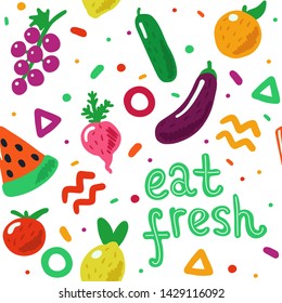 Eat fresh hand drawn fruit and vegetables seamless pattern in doodle style. Cute and colorful. Concept illustration for organic, bio, fresh food.