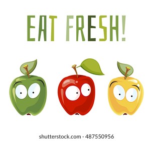 Eat fresh. Surprised apples with eyes.. Fruits with cute face, vector illustration