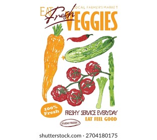 Coma verduras frescas. Mercado local de agricultores. Granja de verduras orgánicas. Obras de arte del mercado local de verduras para impresión de camisetas, póster, pegatina y otros usos.