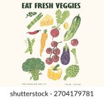 Eat fresh vegetable. Vegetable set design. Local vegetable market artwork for t shirt print, poster, sticker and other uses. Fresh vegan food. Vegetable love club. 
