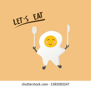 Let’s eat. Fried egg in cartoon styles with a happy face is located on an orange background.