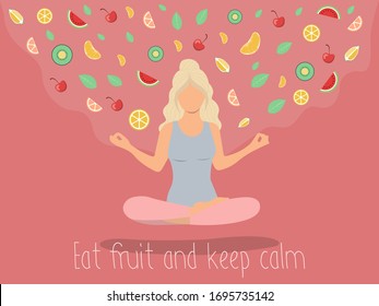 Eat fruit and keep calm. Concept of yoga activity during coronavirus quarantine. Meditation for vector graphics. The concept of proper nutrition for maintaining the immune system. Flat vector.