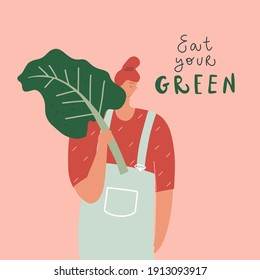 Eat green hand drawn vector illustration. Eco product, natural and organic food concept. Woman with big edible leaf