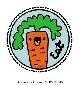 Comer el logotipo vegano del vector dibujado a mano en el estilo cómico alegre planta expresiva
