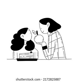 Eat healthy concept with mom and daughter cartoon character hand drawn outline illustration in doodle style. Black and white healthy and unhealthy product drawing.