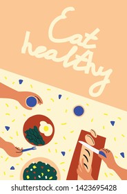 Eat healthy. Dinner table with vegetables top view. Healthy eating concept. Vector flat illustration for banner, postcard, poster.