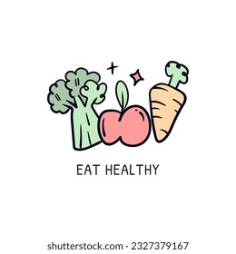 Eat healthy food cartoon hand drawn doodle. Self care awareness sticker drawing clip art vector icon illustration