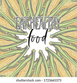 eat healthy food lettering and Corncob arranged in a circle. Round composition with colorful veggies arranged in a circle.